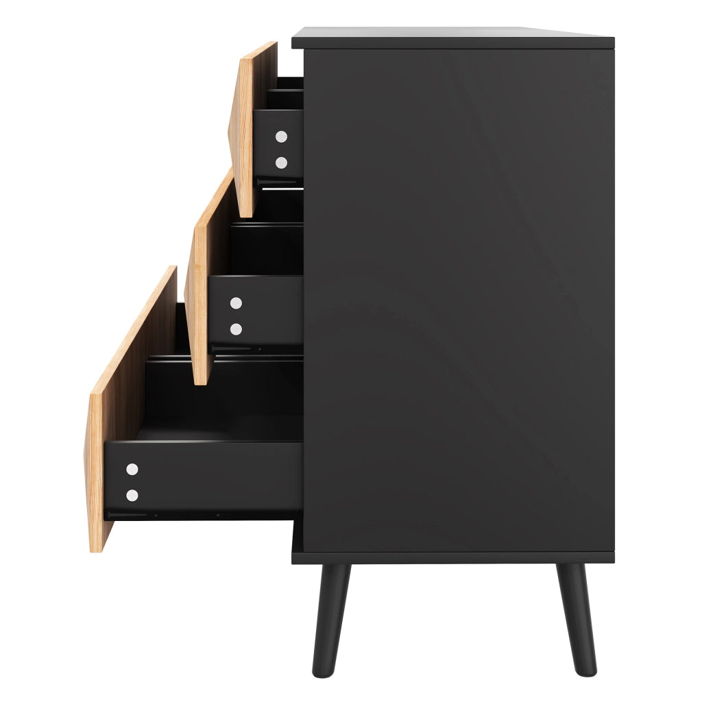 Sideboard 120x40x85 cm con 6 cassetti; finitura moderna in MDF e truciolare nero e naturale