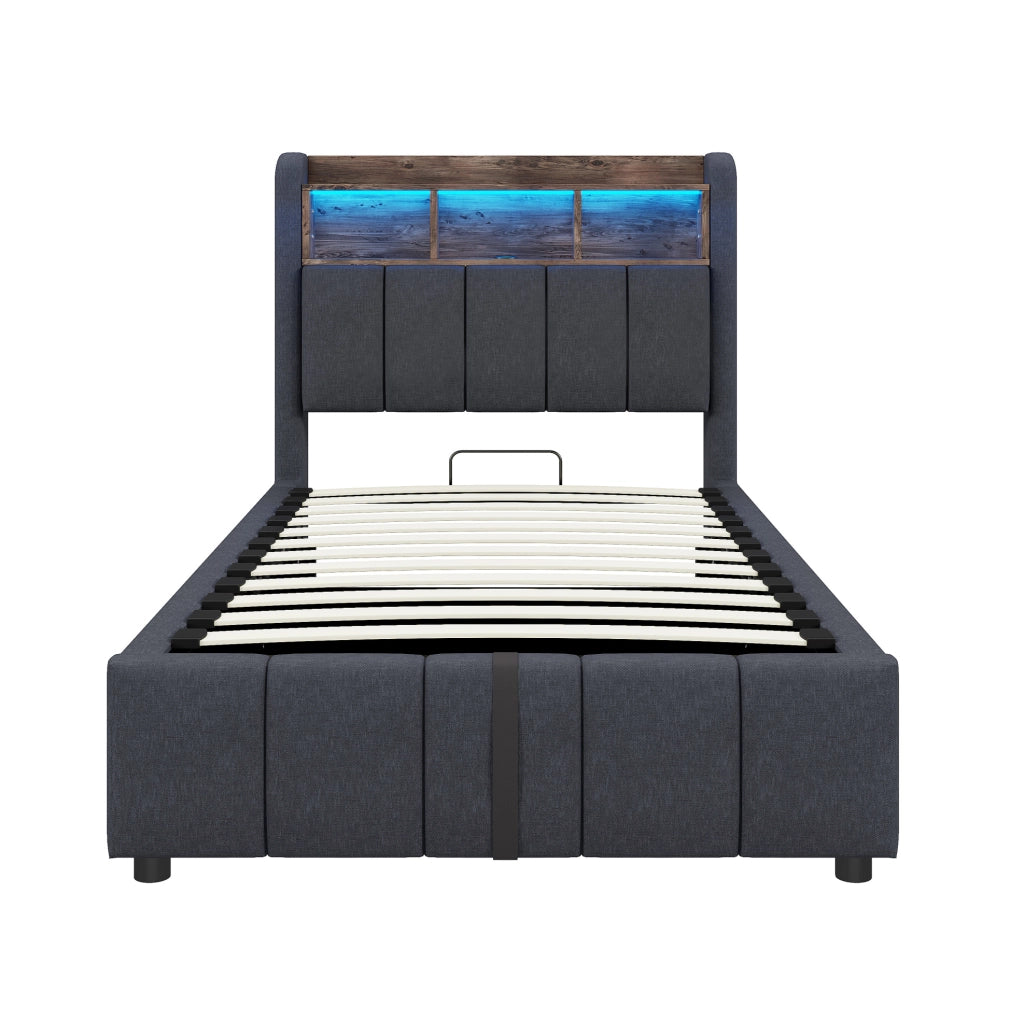 Letto imbottito 90x200 cm con LED RGB, porta USB e contenitore idraulico