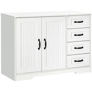 Credenza bianca con 4 cassetti, ripiano regolabile e dispositivo antiribaltamento per cucina e soggiorno.