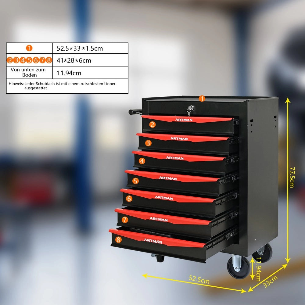 Cassettiera Porta Utensili su Ruote ¨C MINIMAL ¨C 7 Cassetti, Metallo, Nero e Rosso