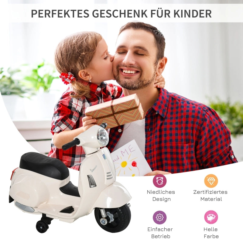 Moto elettrica VESPA per bambini, 18-36 mesi, 3 km/h, luci e suoni a LED, plastica PP e metallo, bianca, 66,5x38x52 cm