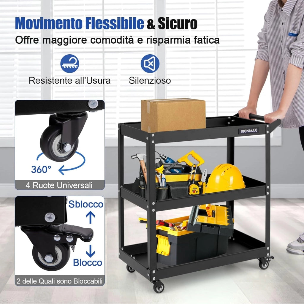 Carrello Portautensili a 3 Livelli, Carrello Metallico Resistente con 3 Ripiani, 4 Ruote Universali con 2 Freni, per Garage, Casa, Magazzino, 73 x 36 x 75 cm (Nero)