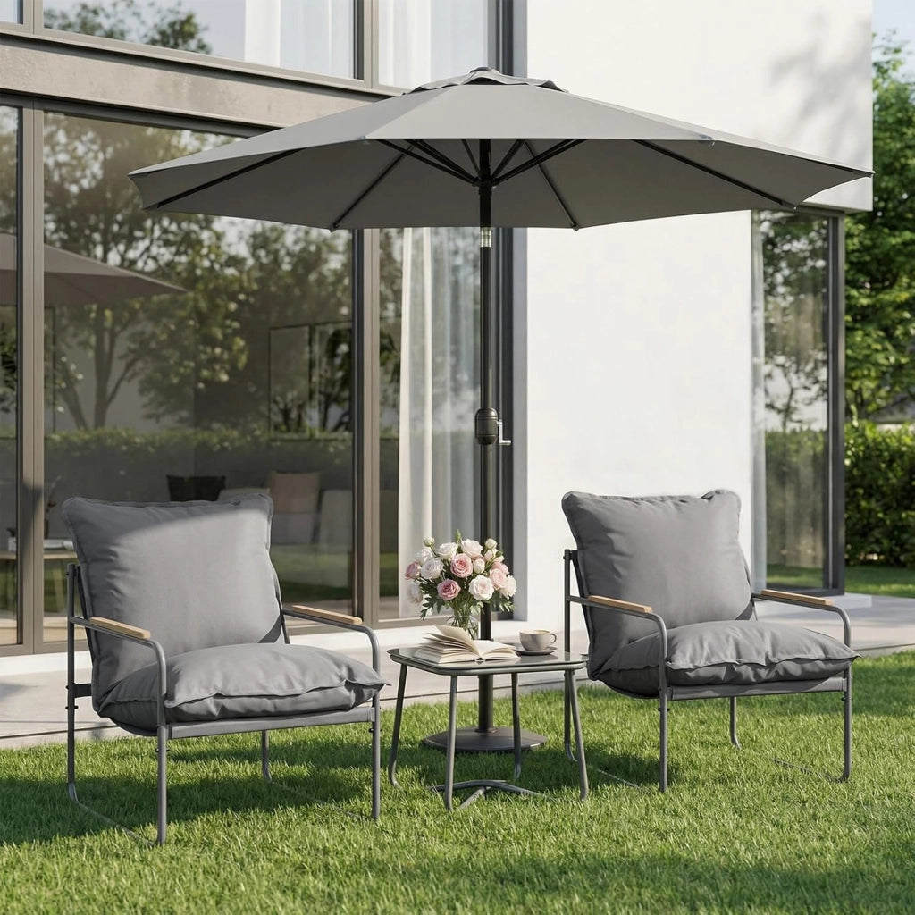 Set 3 Pezzi Salotto da Giardino per 2 Persone, Mobili da Esterno con 1 Tavolino e 2 Sedie con Cuscini Rimovibili, per Giardino, Terrazza e Balcone, in Metallo, Grigio