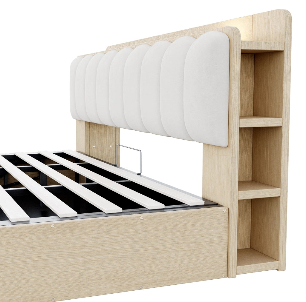 Letto matrimoniale con contenitore 180x200 cm in legno naturale; testiera imbottita beige con USB e luce notte