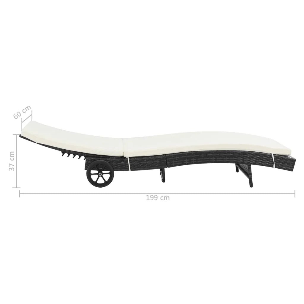 Lettino prendisole sedia a sdraio lettino prendisole letto da giardino mobili da esterno per patio con ruote e cuscino resina intrecciata nera 02_0012595