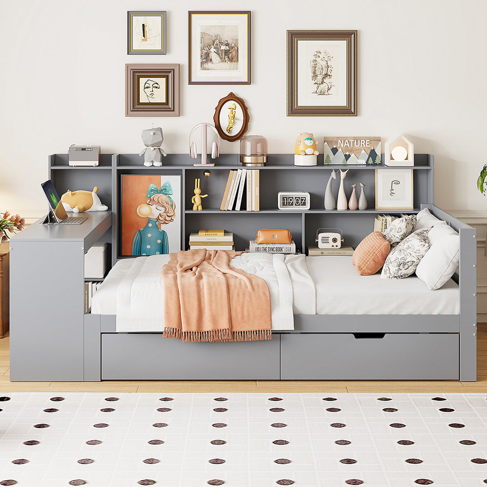 Divano letto-Xylo-90x200 cm-scrivania, scaffali, grigio