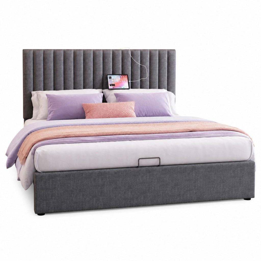 Letto matrimoniale 140x200 cm con contenitore; LED con controllo App; USB e Type C; grigio