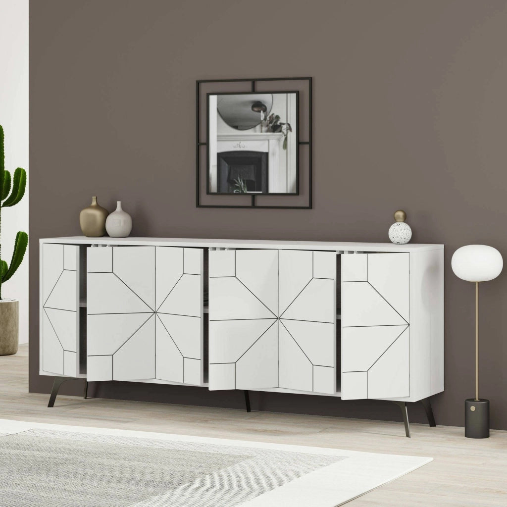 Credenza Africo, Buffet da soggiorno, Madia da salotto, Dispensa da cucina, 184x35h77 cm, Bianco