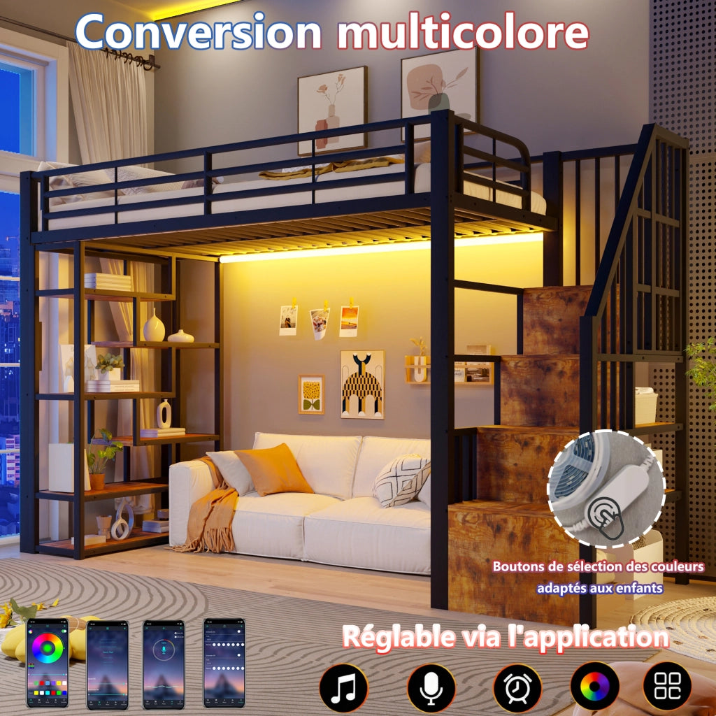 Letto a soppalco 90x200 cm con spazio libero sottostante; LED; ripiano; gradini integrati e parapetto; metallo nero
