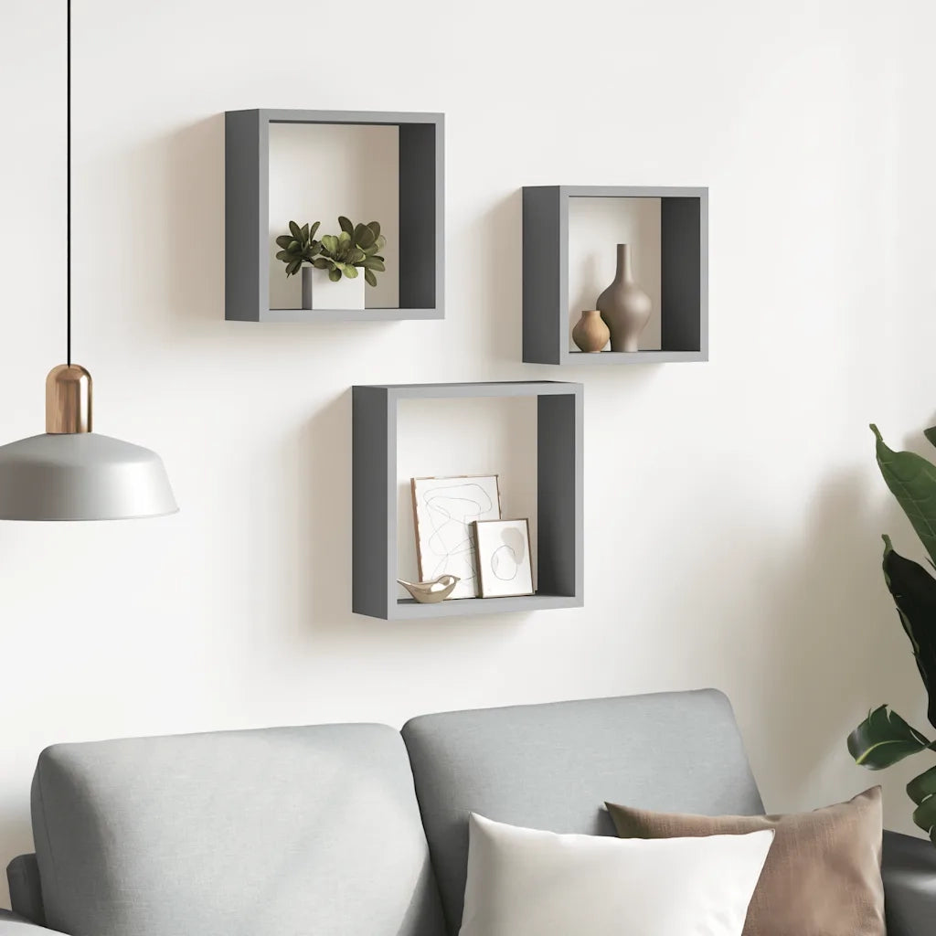 Mensole a Cubo da Parete 3 pz Grigie in MDF 323951