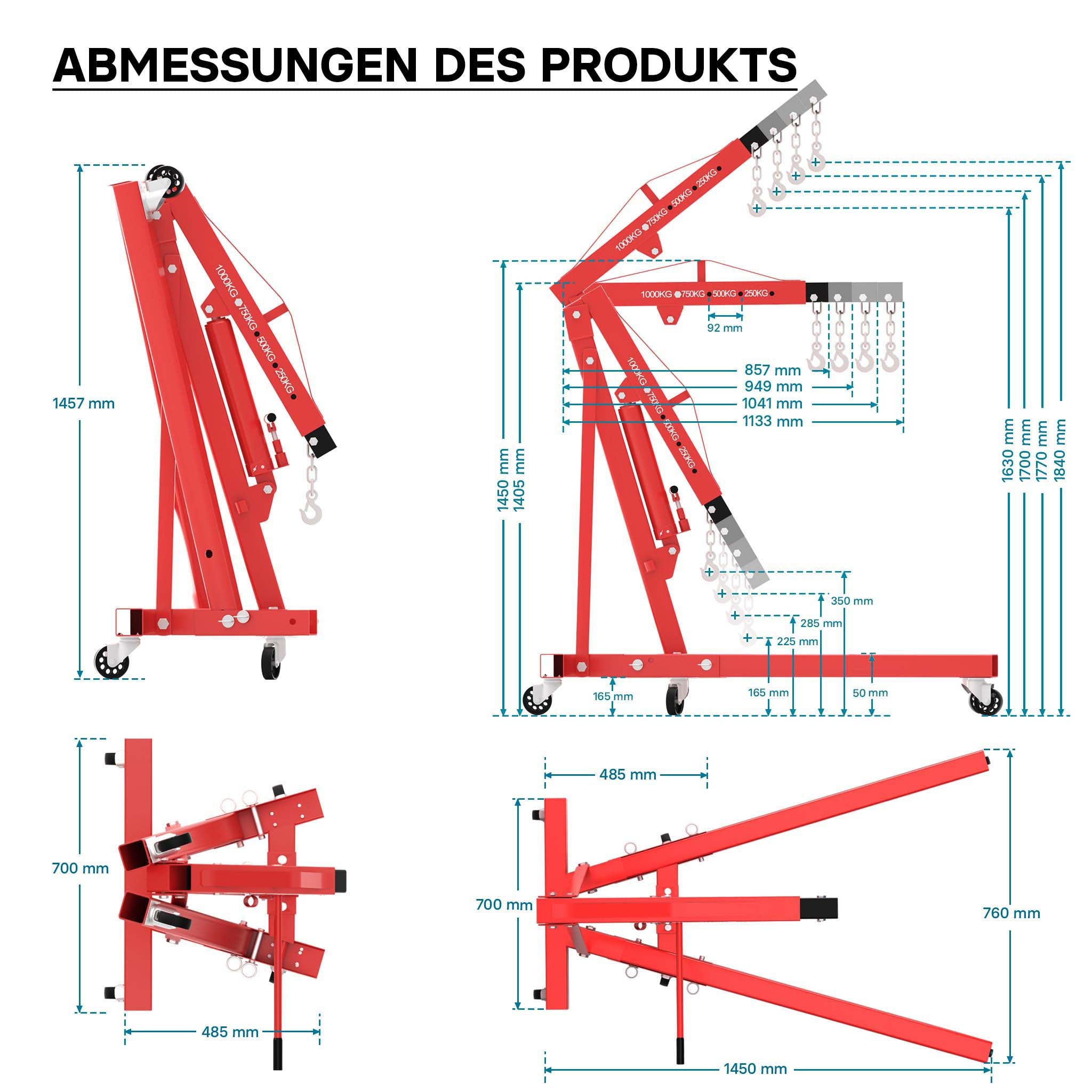 gruetta idraulica da officina per sollevamento motori, gru manuale pieghevole con braccio regolabile, carico max 1000kg
