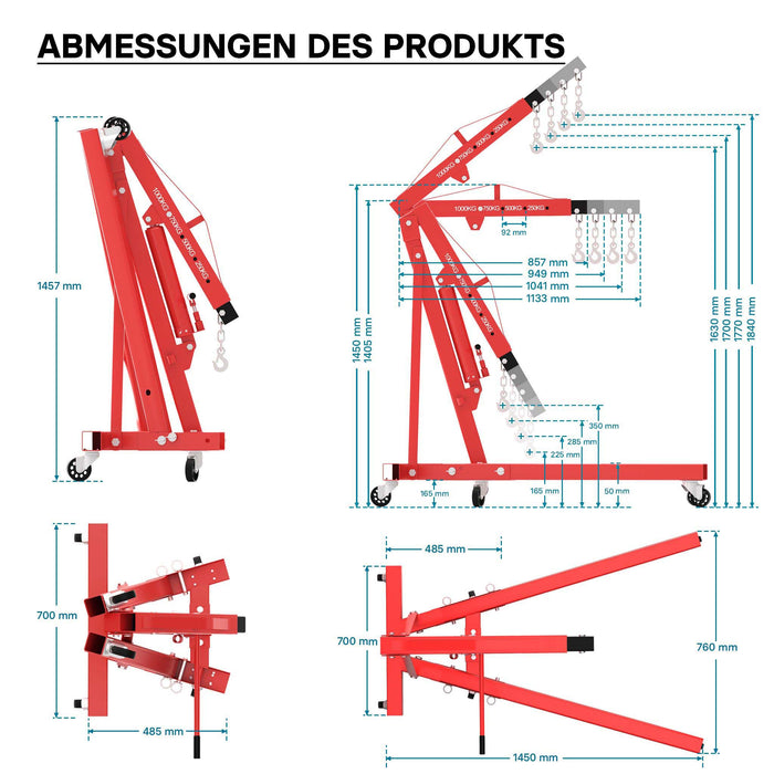 gruetta idraulica da officina per sollevamento motori, gru manuale pieghevole con braccio regolabile, carico max 1000kg