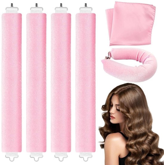 Rotoli per capelli senza calore - 4 pezzi - Incluso cappuccio - Adatto per capelli lunghi - Rosa - 29 cm di lunghezza - Spille per capelli