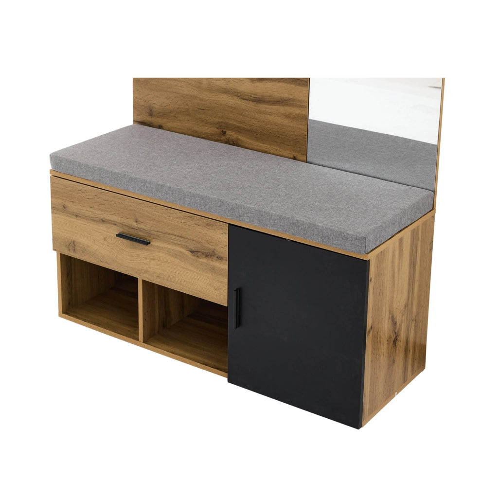 Mobile da ingresso con specchio, scarpiera, panca imbottita, cassetto e ganci, in truciolare, rovere, 104 × 39 × 190 cm
