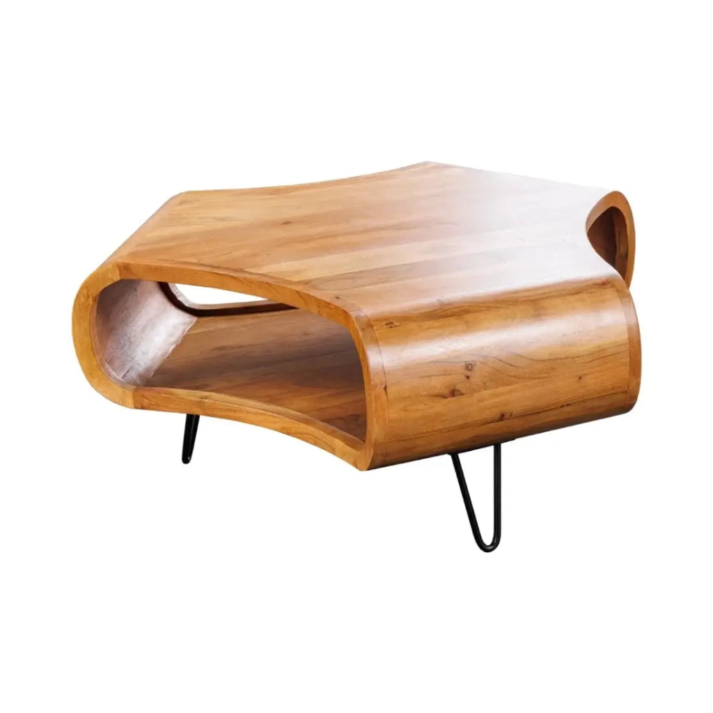 Tavolino basso NERA 90 cm in legno massiccio di acacia con nicchia e gambe in metallo nero – stile retrò industriale