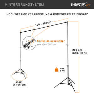 Walimex Pro set fotografico premium con 2x treppiede con 2x LED 45W Octagon Ø65cm Bi Colour e sistema completo di sfondo telescopico 120-307 cm con sfondo in tessuto bianco