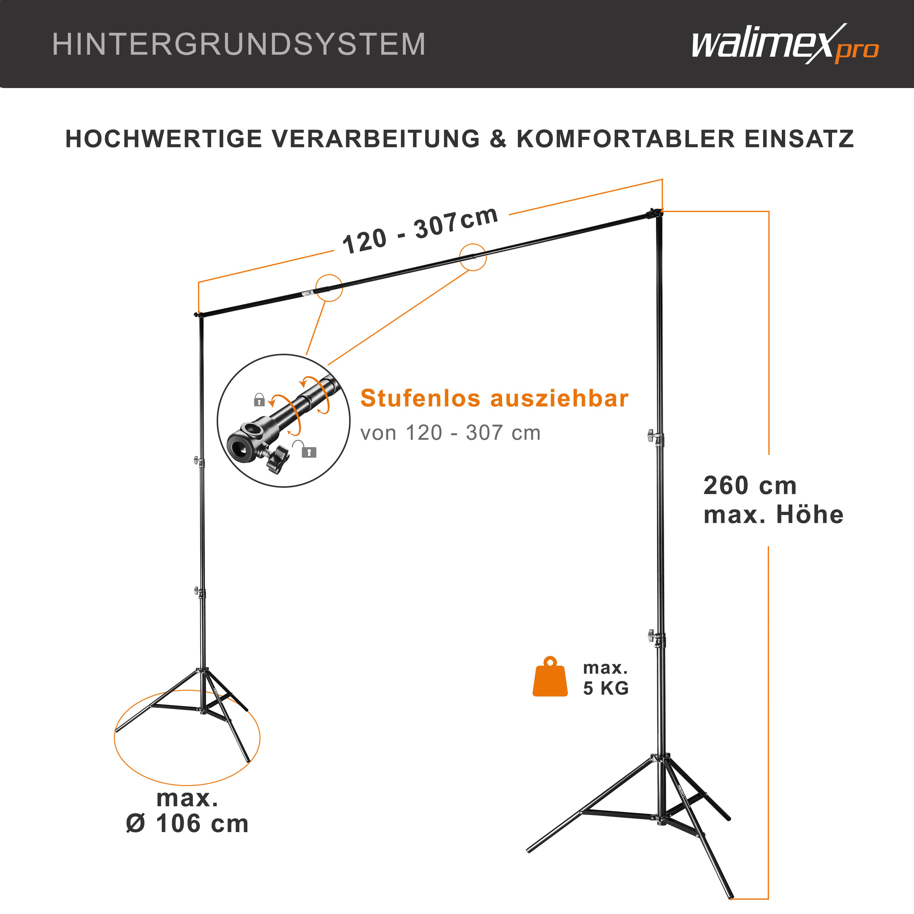 Walimex Pro set fotografico premium con 2x treppiede con 2x LED 45W Octagon Ø65cm Bi Colour e sistema completo di sfondo telescopico 120-307 cm con sfondo in tessuto bianco