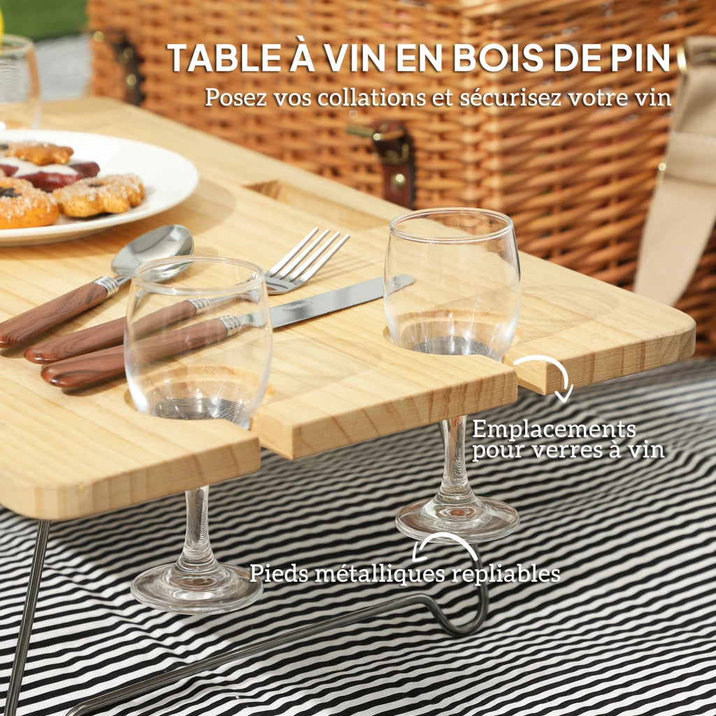 Cestino da Picnic in Vimini 4 Persone con Tavolo da Vino in Pino ¨C zephmum ¨C Marrone Chiaro