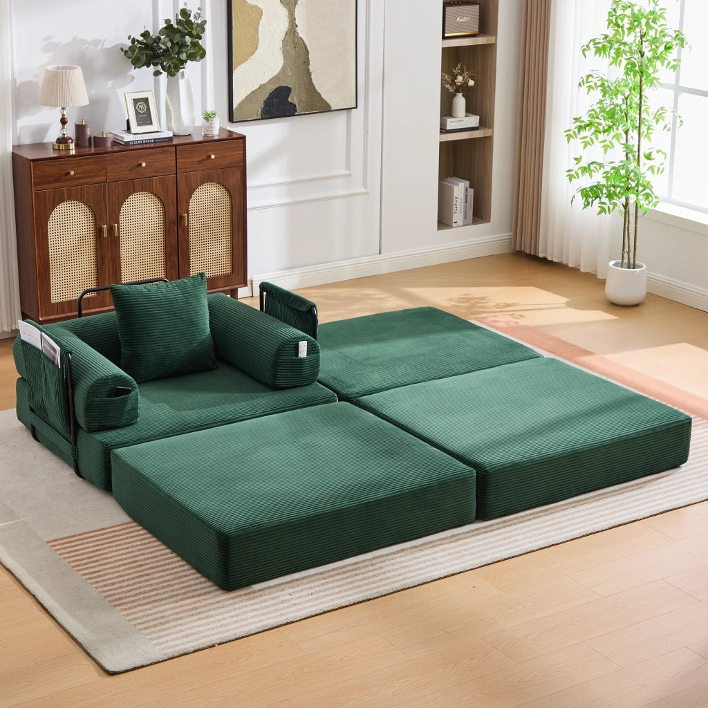 Divano modulare in velluto a coste senza montaggio con pouf, cuscino e tasca laterale, design ergonomico, verde smeraldo