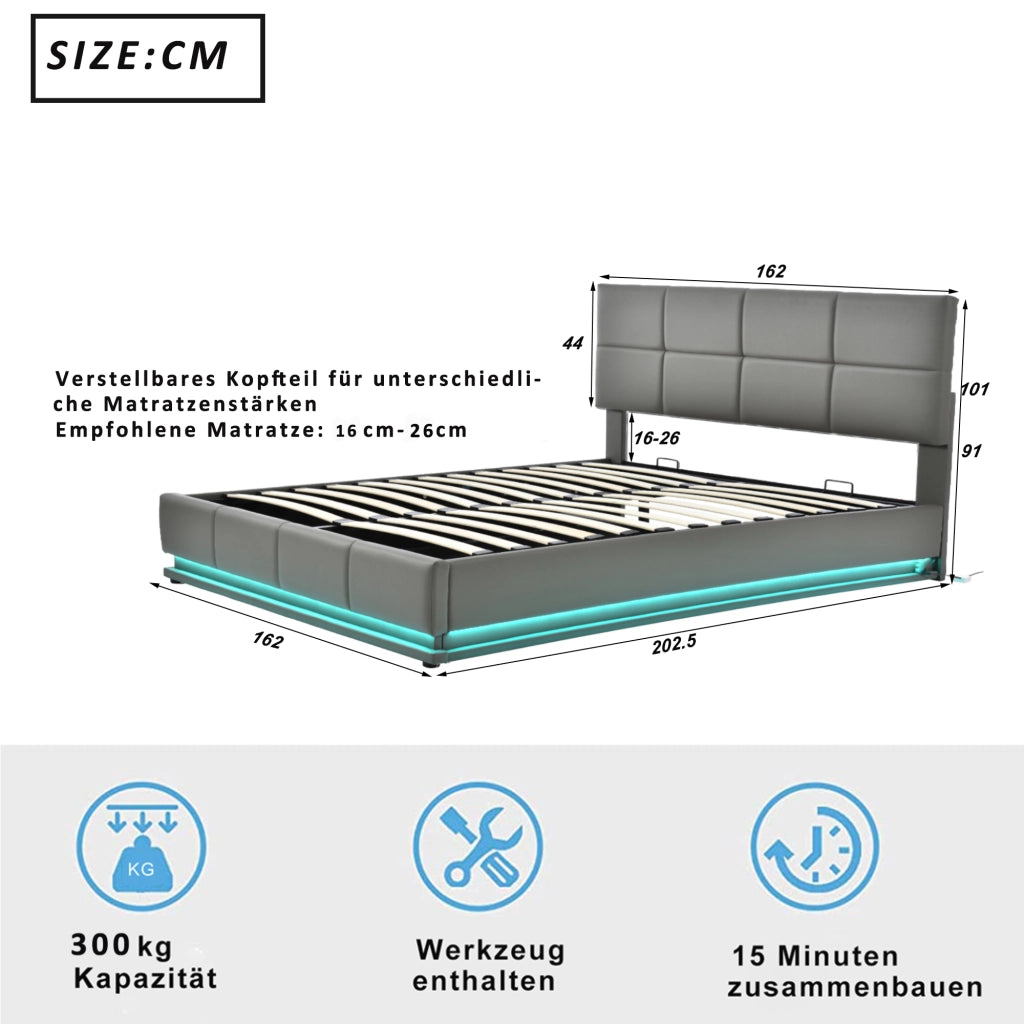 Letto Contenitore 160 x 200 cm; Letto Matrimoniale - LED e Testiera Regolabile - Grigio