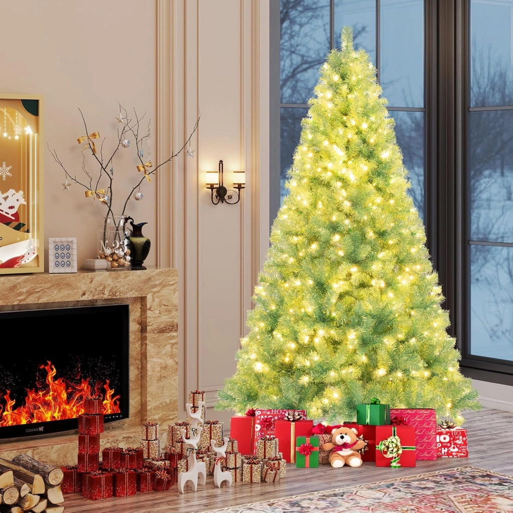 Albero di Natale 225 cm, Albero di Natale Preilluminato con 1300 Rami Folti, 550 Luci LED Bianco Caldo, 8 Modalità e Base, Decorazione Natalizia per Casa e Ufficio (Verde, 225 cm)