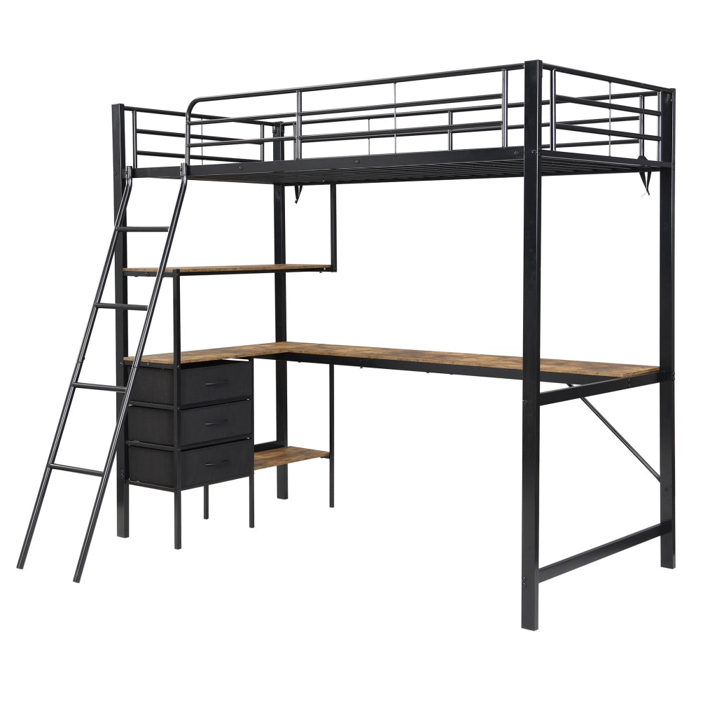 Letto a Soppalco 90x200 cm; Scrivania da 2 m; 3 Cassetti e Scala Inclinata - Nero