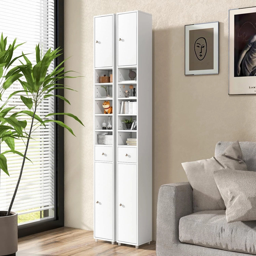 Armadio da Bagno Sottile e Alto con Ante, Mobiletto Bagno Salvaspazio Cassetto e Ripiani Regolabili, Design Moderno, 20 x 20 x 180 cm, 4 Colori