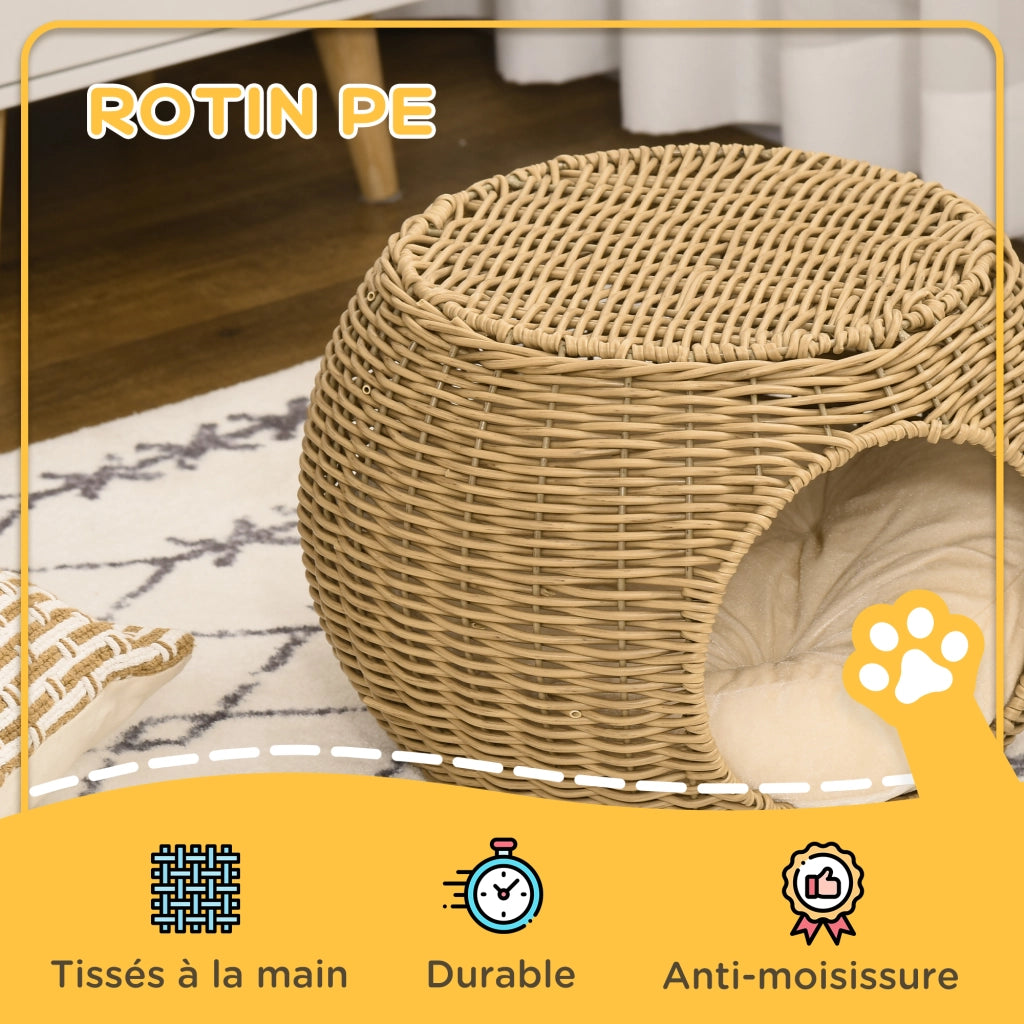 Cesta per Gatti a 2 Livelli ¨C zephmum ¨C Resina Effetto Rattan con Cuscino Marrone Chiaro ?40x30cm