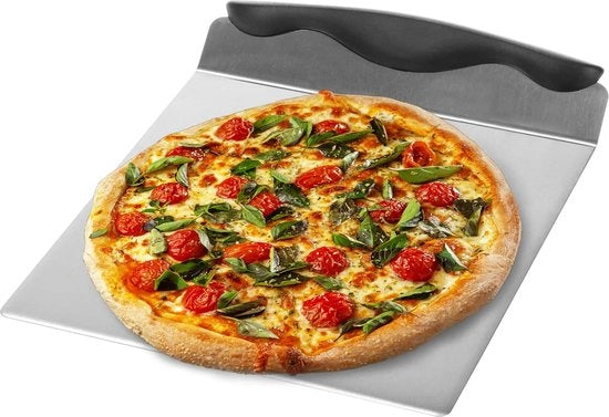 Scuotitore di pizza in acciaio inossidabile - piatto per torte con manico in plastica - cucchiaio per torte e pizza - cucchiaio per pizza con 20,5 x 20,5 cm (nero/argentato - angoloso)