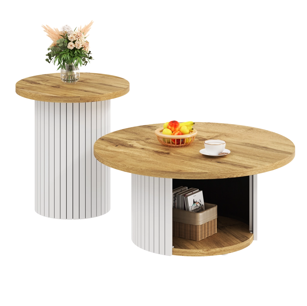 Set tavolini da salotto rotondi in MDF naturale; 75x75x50 cm e 45x45x35 cm