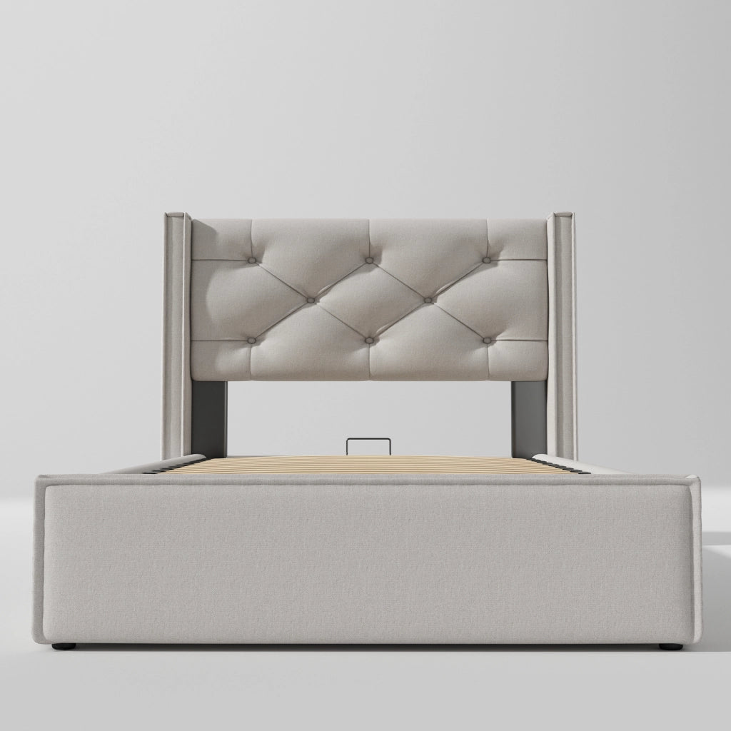 Letto Singolo con Contenitore 90x200; Letto Imbottito Grigio Chiaro in Cotone e Metallo