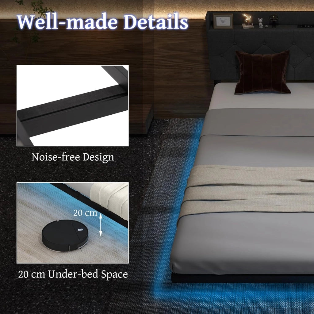 Letto Matrimoniale 140 x 200 Testiera con Luci LED, Struttura Letto a Doghe Carico 300 kg，Lettino con Struttura Moderno, Senza Materasso，Nero