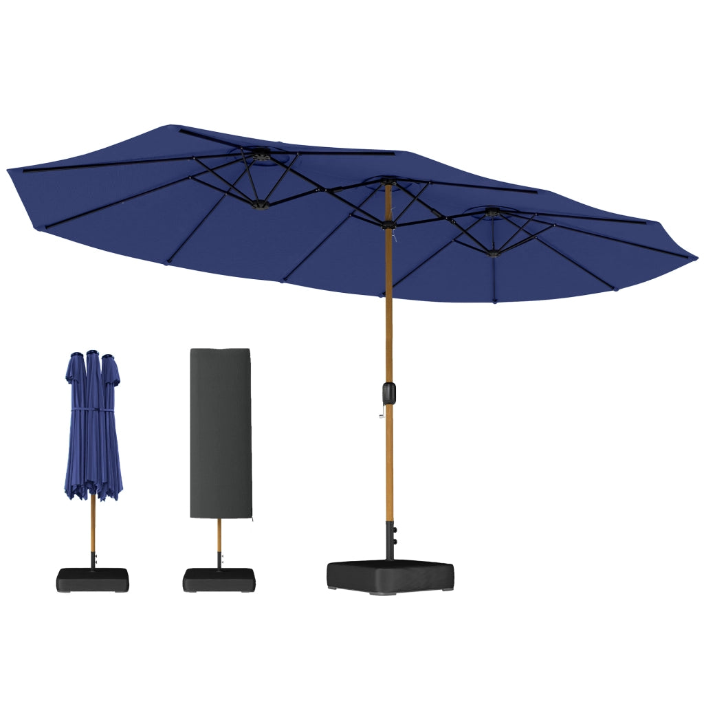 Ombrellone Doppio a 12 Stecche con Manovella, Base a Croce e Sacchi di Sabbia, 4.7x2.8 m, Blu Scuro