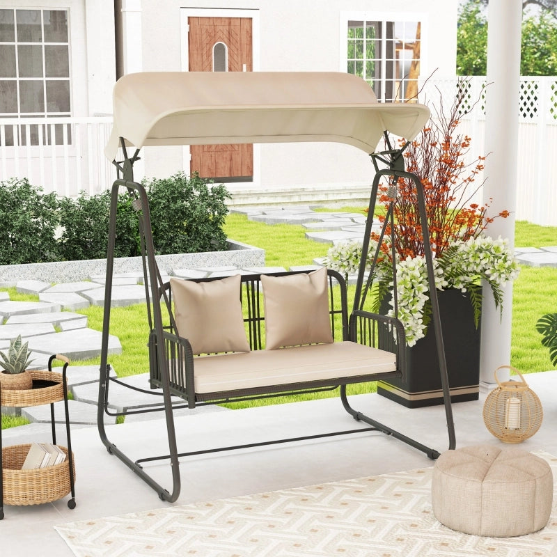 Altalena Hollywood a 2 posti con parasole regolabile in rattan per giardino e balcone color kaki