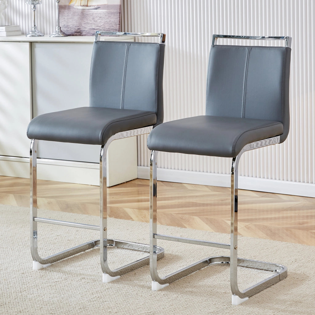 Sgabello da bar set da 2 con struttura stabile e poggiapiedi in PU e metallo grigio scuro e argento moderno