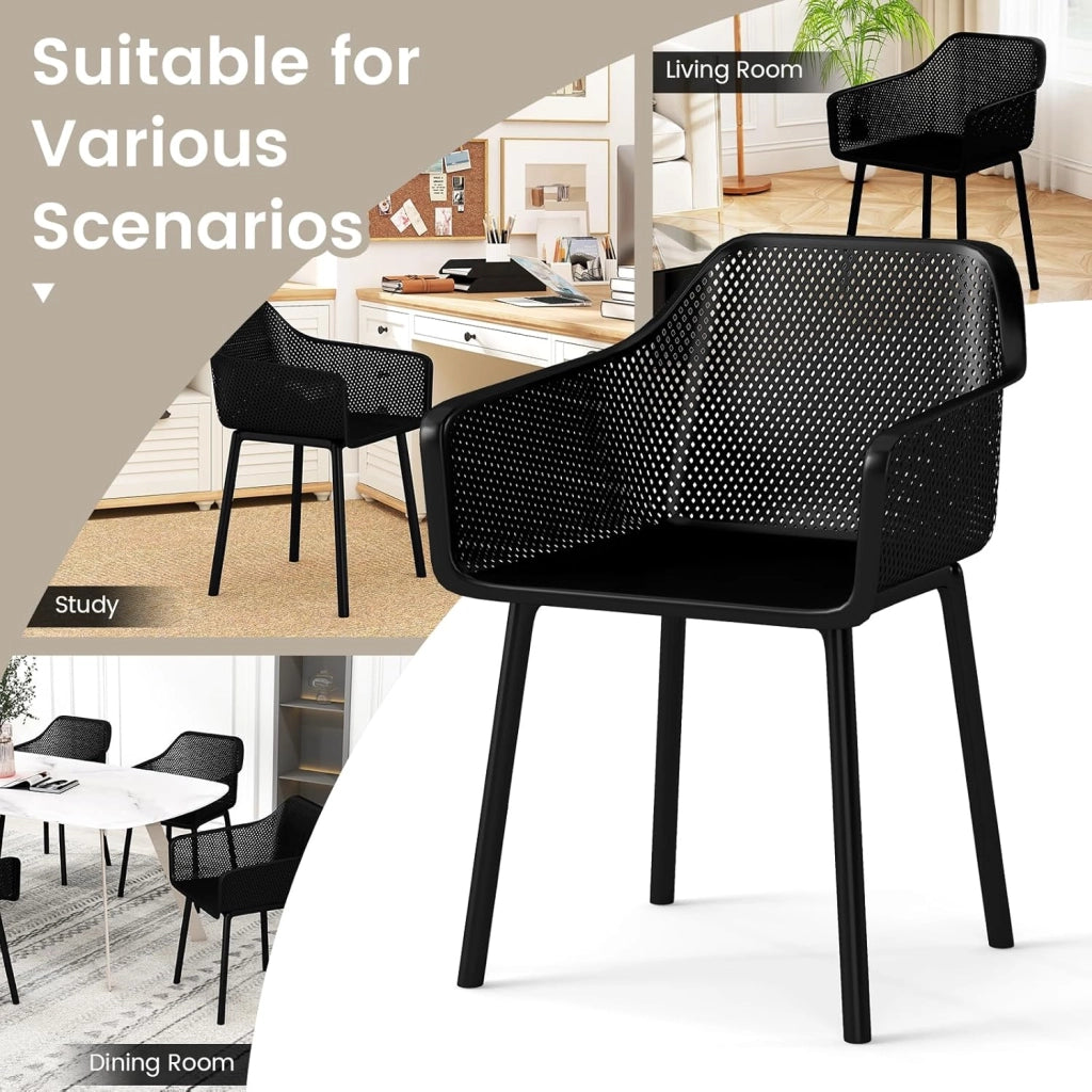 Set di 2 Sedie da Pranzo, Sedie da Cucina in PP con Schienale a Rete e Braccioli, Poltrone Moderne e Impermeabile per Cucina, Camera da Letto e Soggiorno, Portata 150 kg, Nero