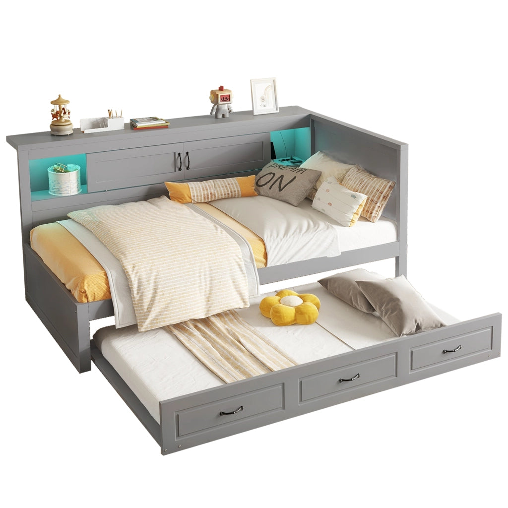 Divano letto singolo 90x200 cm con LED; presa USB e vano contenitore; grigio