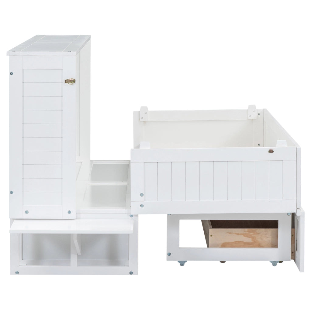 Letto a scomparsa 140x200 cm con cassetto e ripiani in pino e MDF bianco