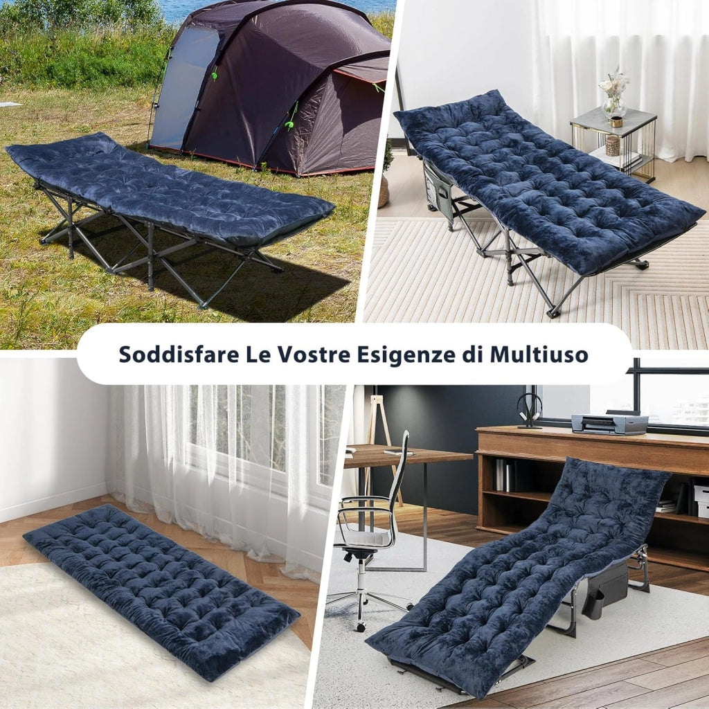 Cuscino per Sdraio, Cuscino Spesso da 190 x 70 x 7 cm con 4 Cinghie di Fissaggio, Tasca per Fissare al Letto, per Lettino da Campeggio, Vacanze in Campeggio (blu)