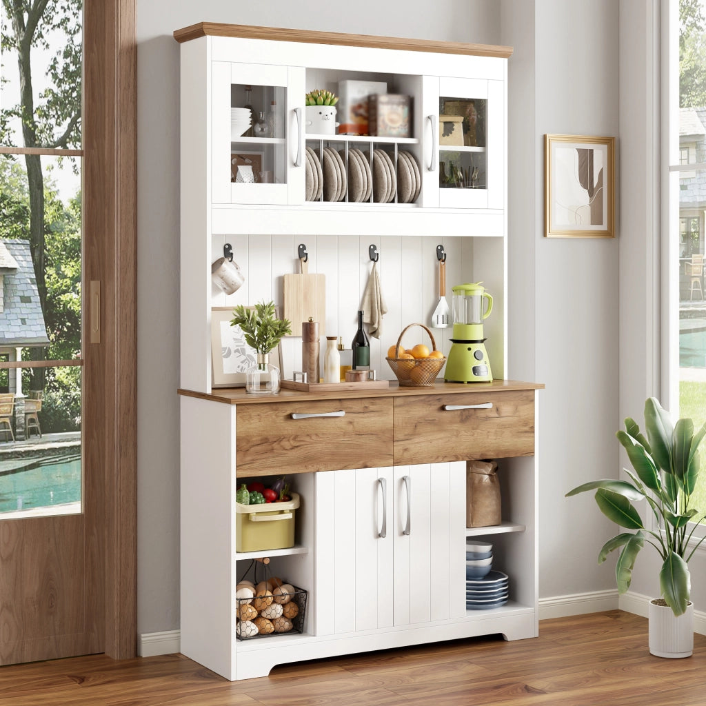 Credenza cucina con vetrina, 2 cassetti e ganci, bianco e naturale, 106x39x176,5 cm