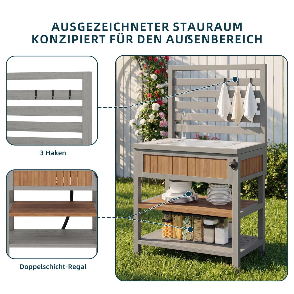 OKWISH Carrello da Cucina con Lavello, Rubinetto, Cassetto, Ripiani Regolabili e Apribottiglie per Giardino in Legno 80 × 51 × 148.5 cm