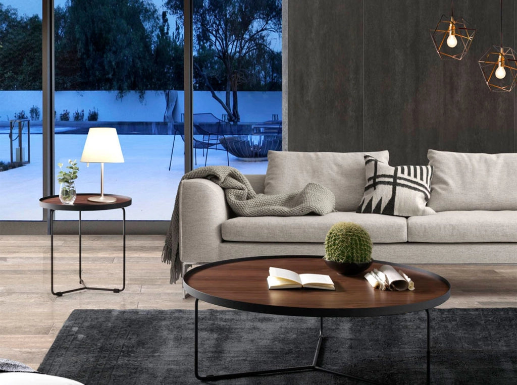 Tavolo angolare rotondo in noce e acciaio nero