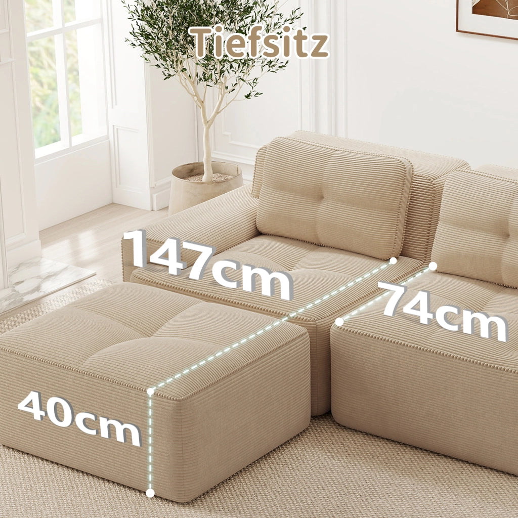 Divano modulare a U in velluto a coste beige con ottomana; 293 x 177 x 69 cm