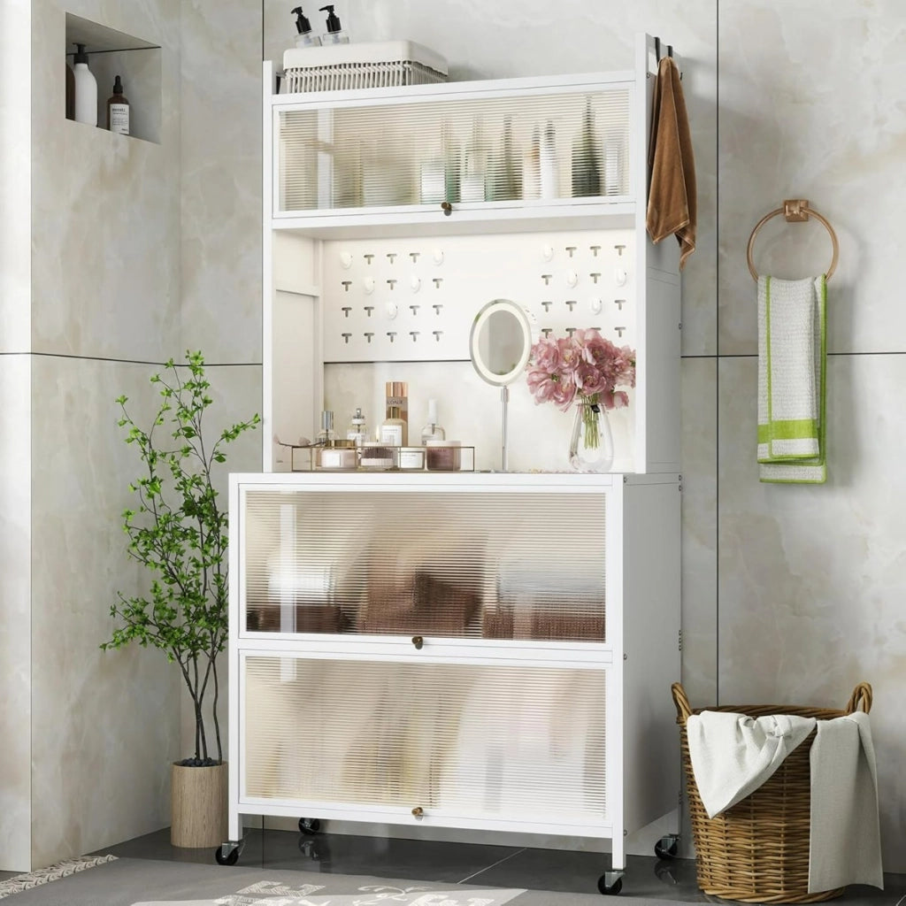 Mobile da cucina rete a 5 ripiani supporto microonde ante a ribalta, Mobile da cucina pannello con ganci Bianco