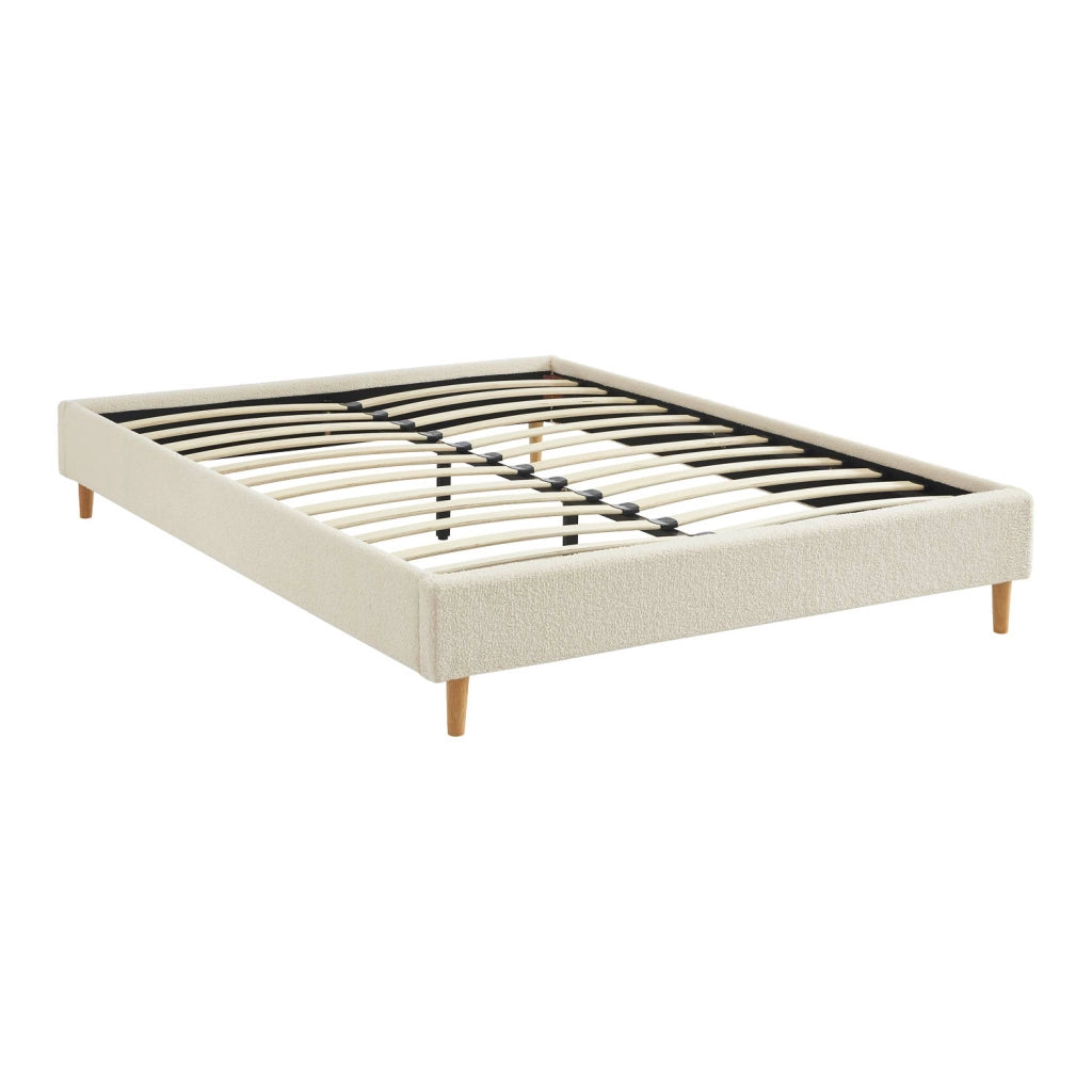 Struttura letto con rete a doghe, finitura bouclé, bianco, bianco