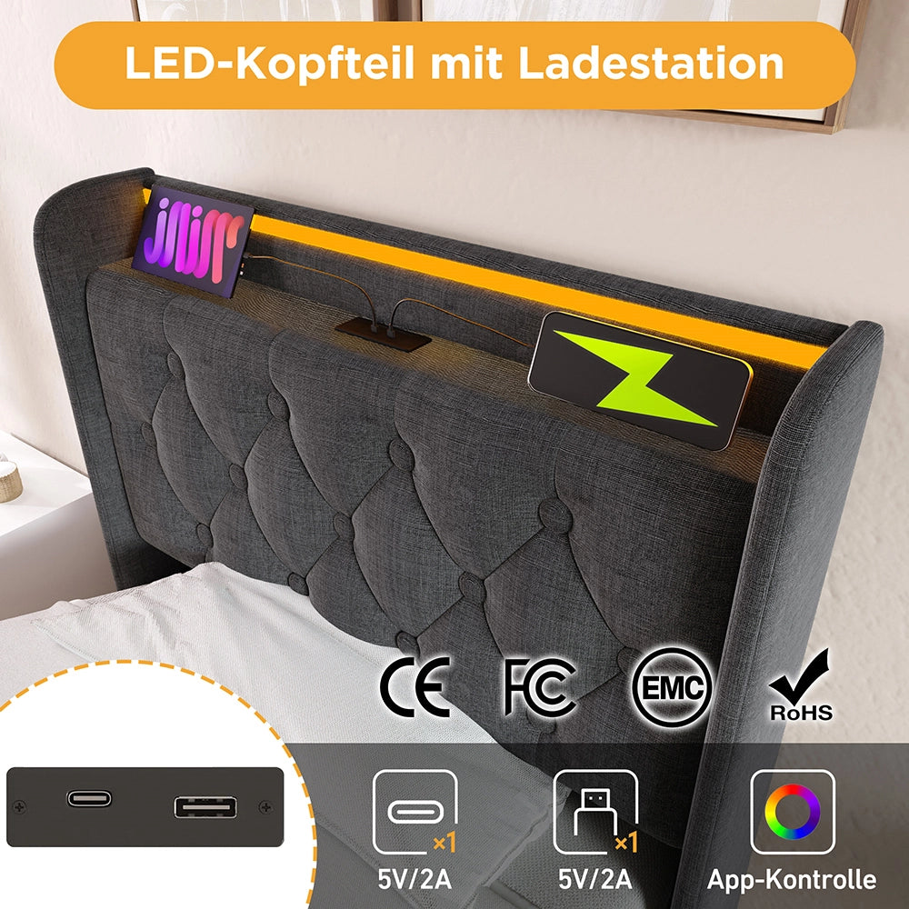 Letto a cassone per adulti - Xylo - 90x200 cm - Grigio - Testiera imbottita, funzione di ricarica USB-C