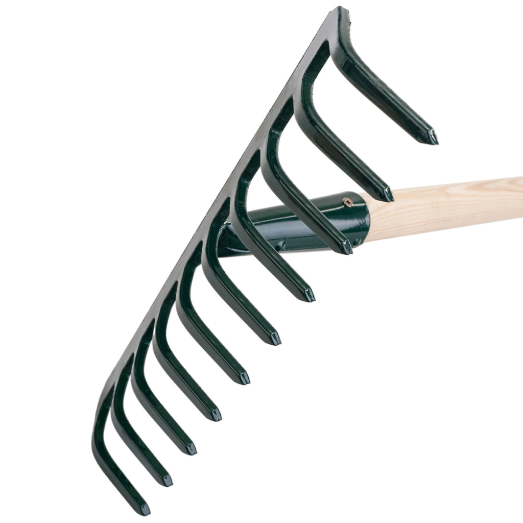 Rastrello per foglie KADAX, per terra ed erba, con manico in legno e 10 denti in metallo, 126 cm.