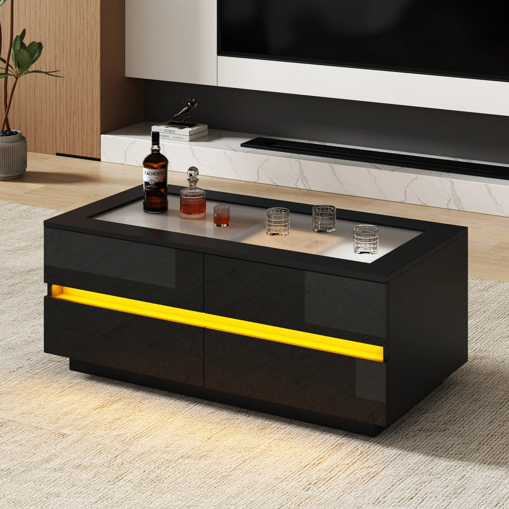 Tavolino da caffè con 4 cassetti e illuminazione LED; piano in vetro temperato; in truciolare nero; 100 × 50 × 40 cm