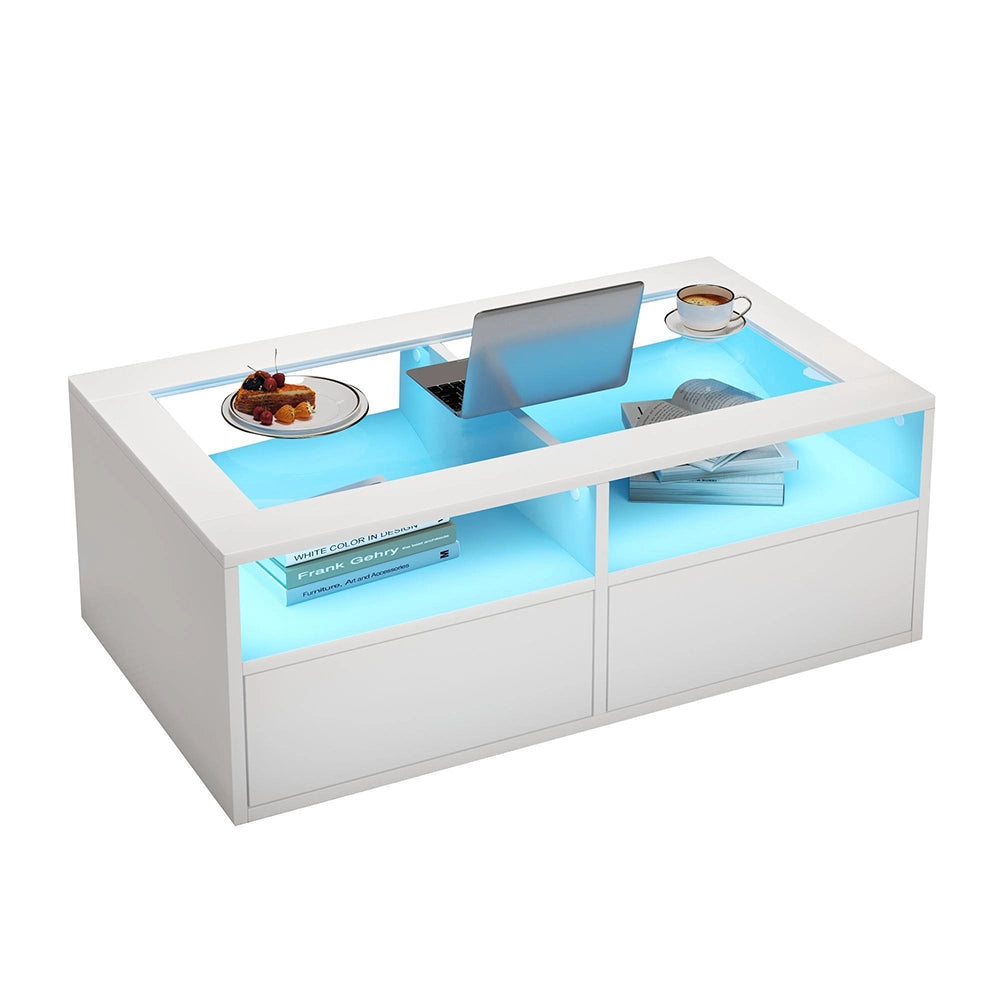 Tavolino LED - Xylo - 100x50cm vetro 2 cassetti bianco