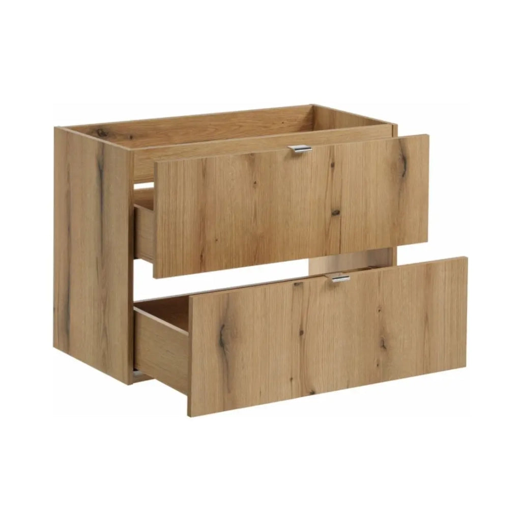 Set da bagno VANO effetto quercia e bianco 110cm: mobili sotto lavabo con cassetti + piano per lavabo + colonna